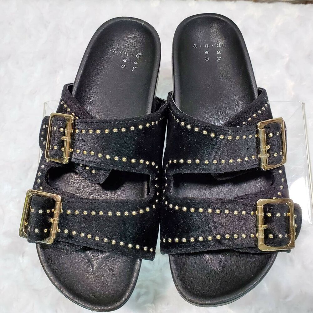 A New Day Womens 5 Footbed Sandals Black Velvet Gold Studs Double Strap Slip On - Picture 11 of 12